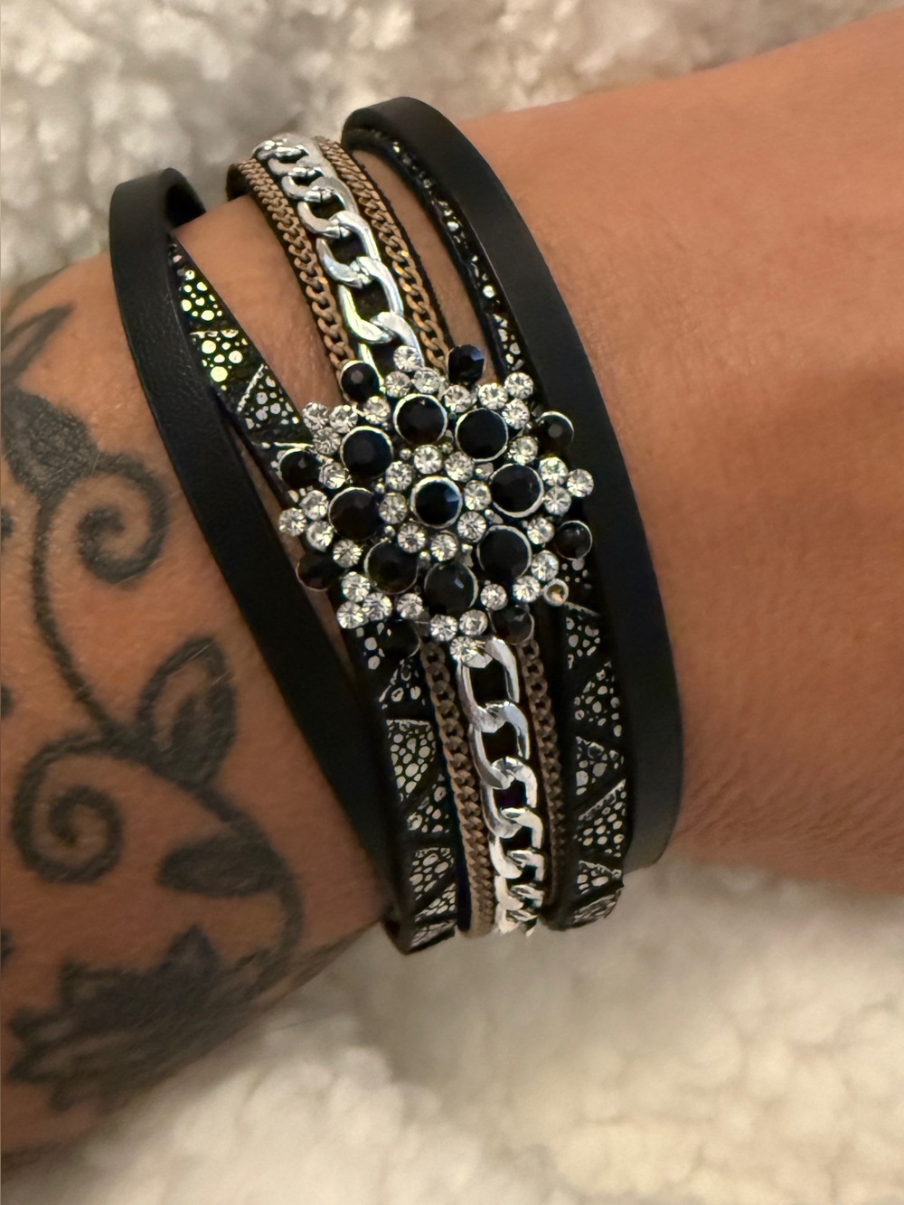Black Multi-Row Crystal Flower Wrap Bracelet